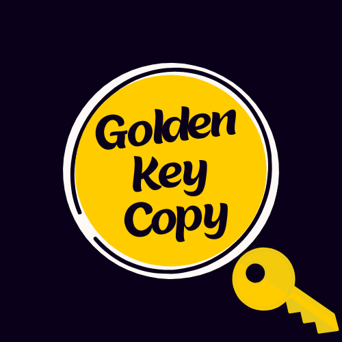 Logo for copywriting business. Features golden key copy as text over yellow circle, with a black background and a yellow key.
