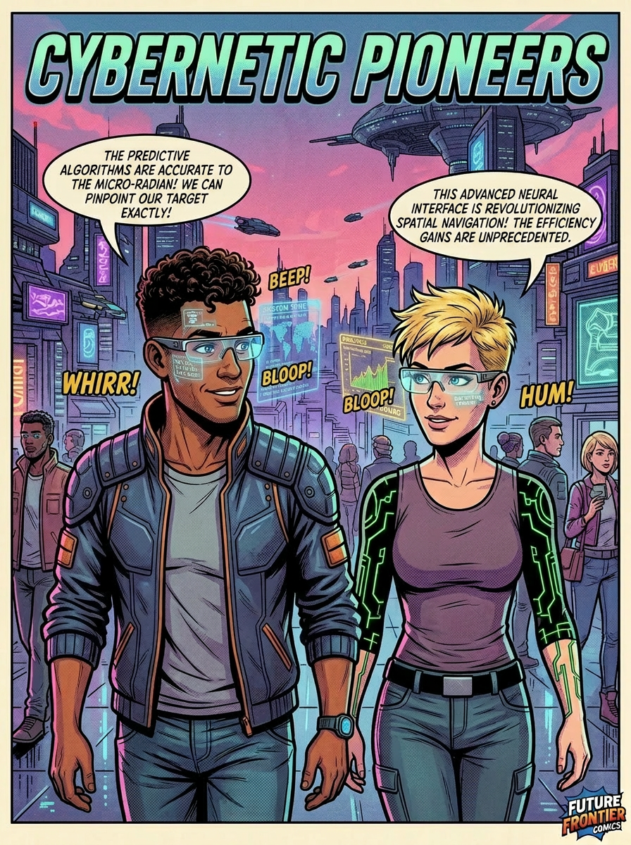 Two cybernetic men using holographic interfaces discuss new OS and AI insights in a futuristic setting